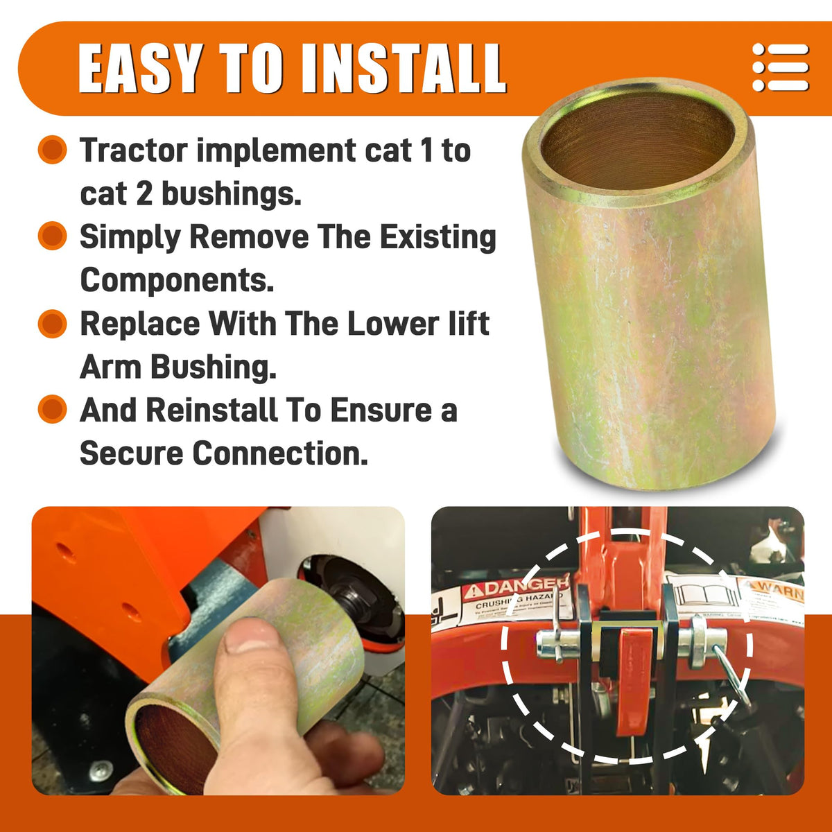 Bushing dimensions: outer 1-1-8, inner 7-8, length 1-3-4 for precise fit
