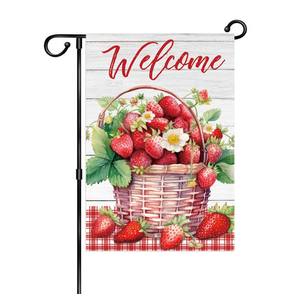 NW strawberry welcome flag on front porch with bright garden decor