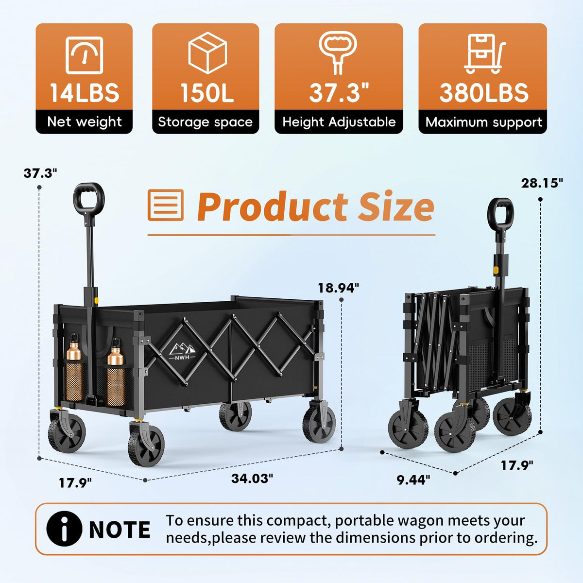 NWH 34 inch wagon front view with long load capacity for groceries and gear