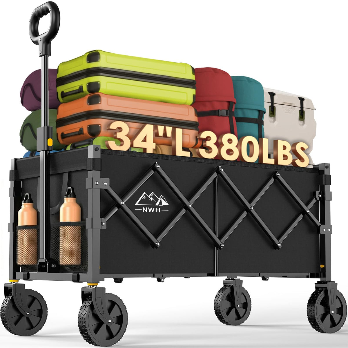 NWH 34 inch wagon side view showing rugged frame for heavy outdoor transport