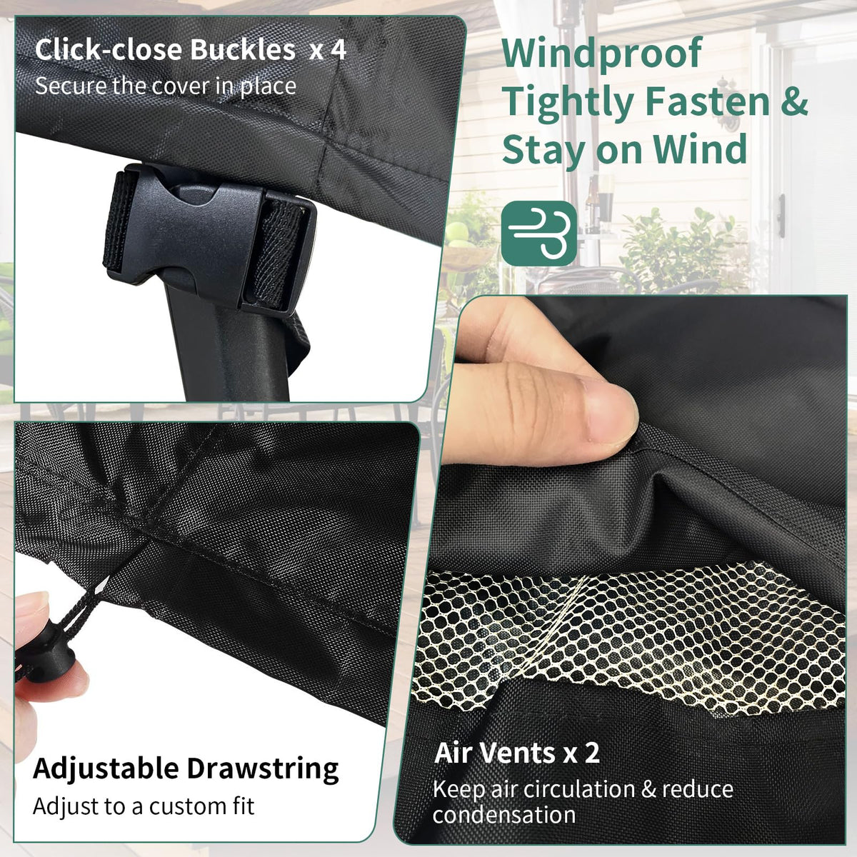 NYFITY windproof buckles and drawstrings secure the cover in windy conditions.