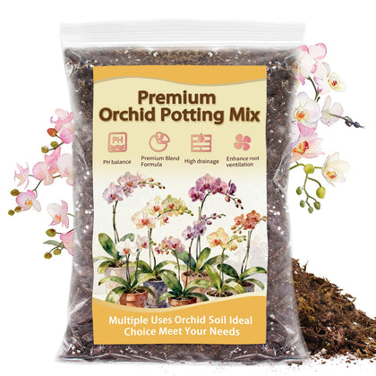 Nyobely Orchid Potting Mix premium blend bag highlights aeration for vibrant orchid roots.