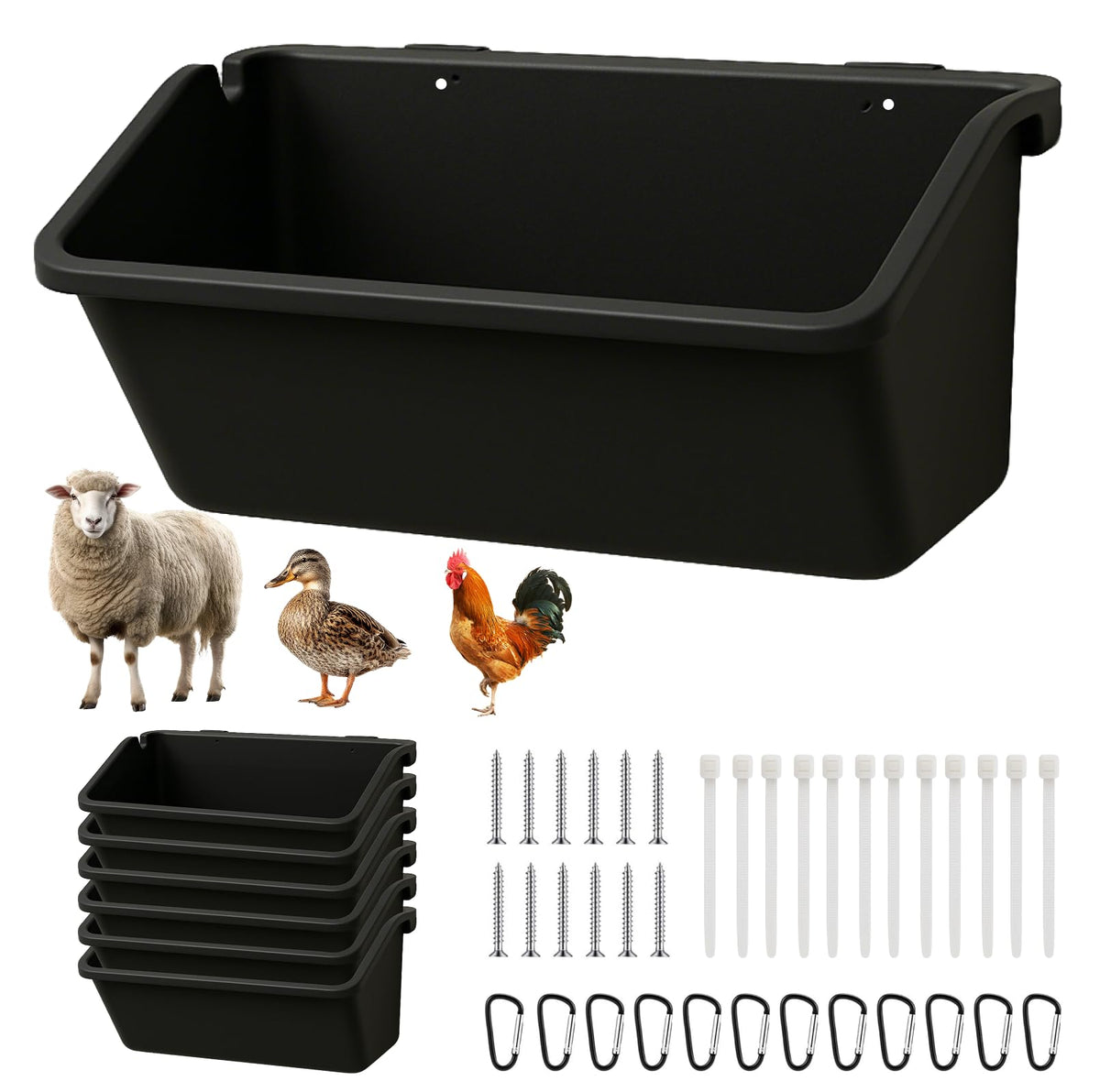 NZJWZS 6-pack hanging goat feeder keeps feed off the ground and reduces waste.
