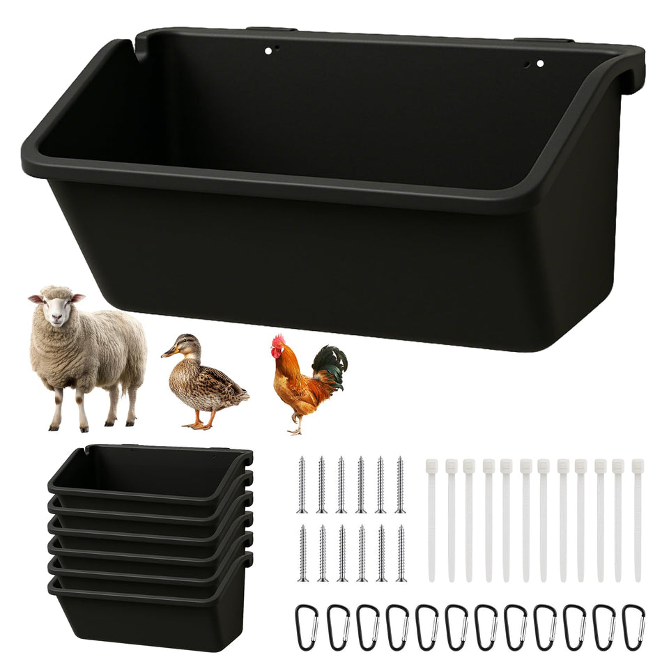 NZJWZS 6-pack hanging goat feeder keeps feed off the ground and reduces waste.