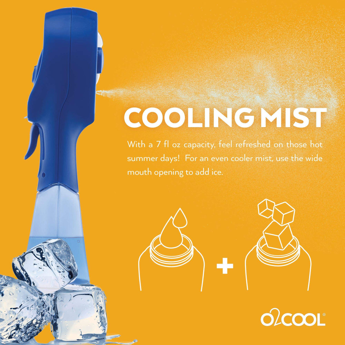 Beach scene with O2COOL Elite blue misting fan cooling the face near the waves.
