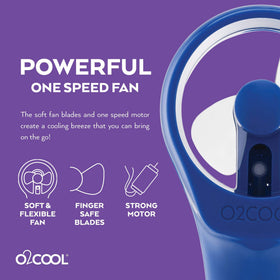 Camping setup featuring the O2COOL Elite blue misting fans for outdoor comfort.