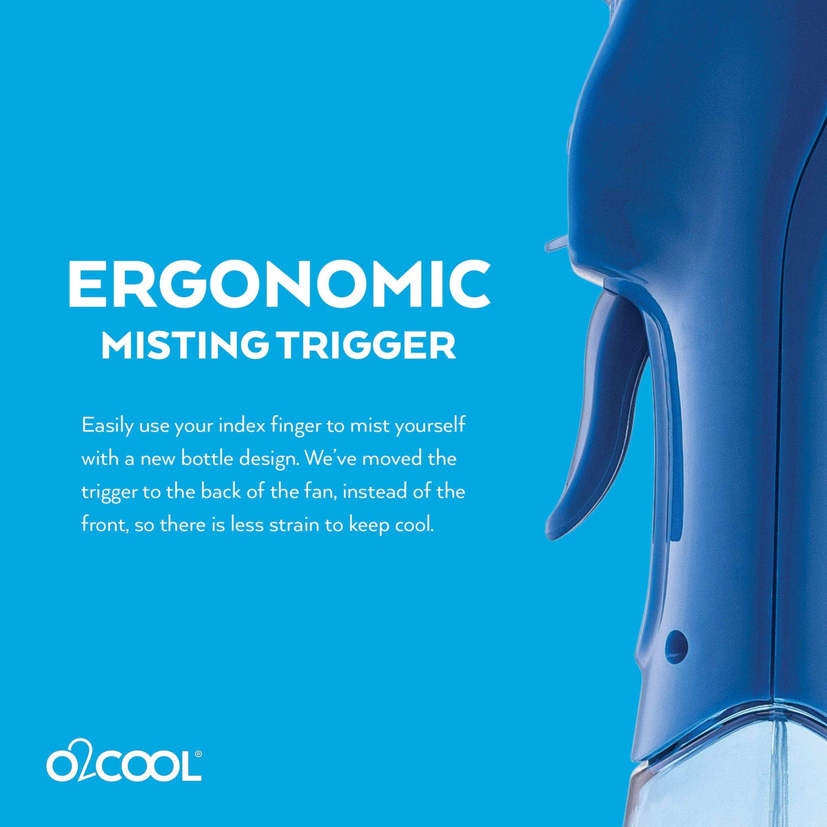 Close-up of the motor and blades of the O2COOL Elite blue misting fan.
