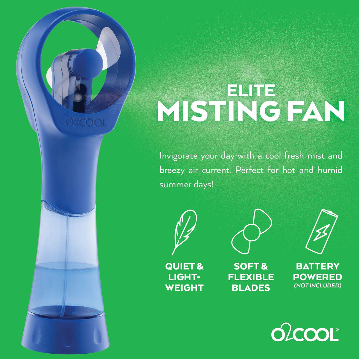 O2COOL Elite blue misting fan in use delivering a refreshing breeze.