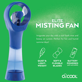 O2COOL Elite blue misting fan in use delivering a refreshing breeze.