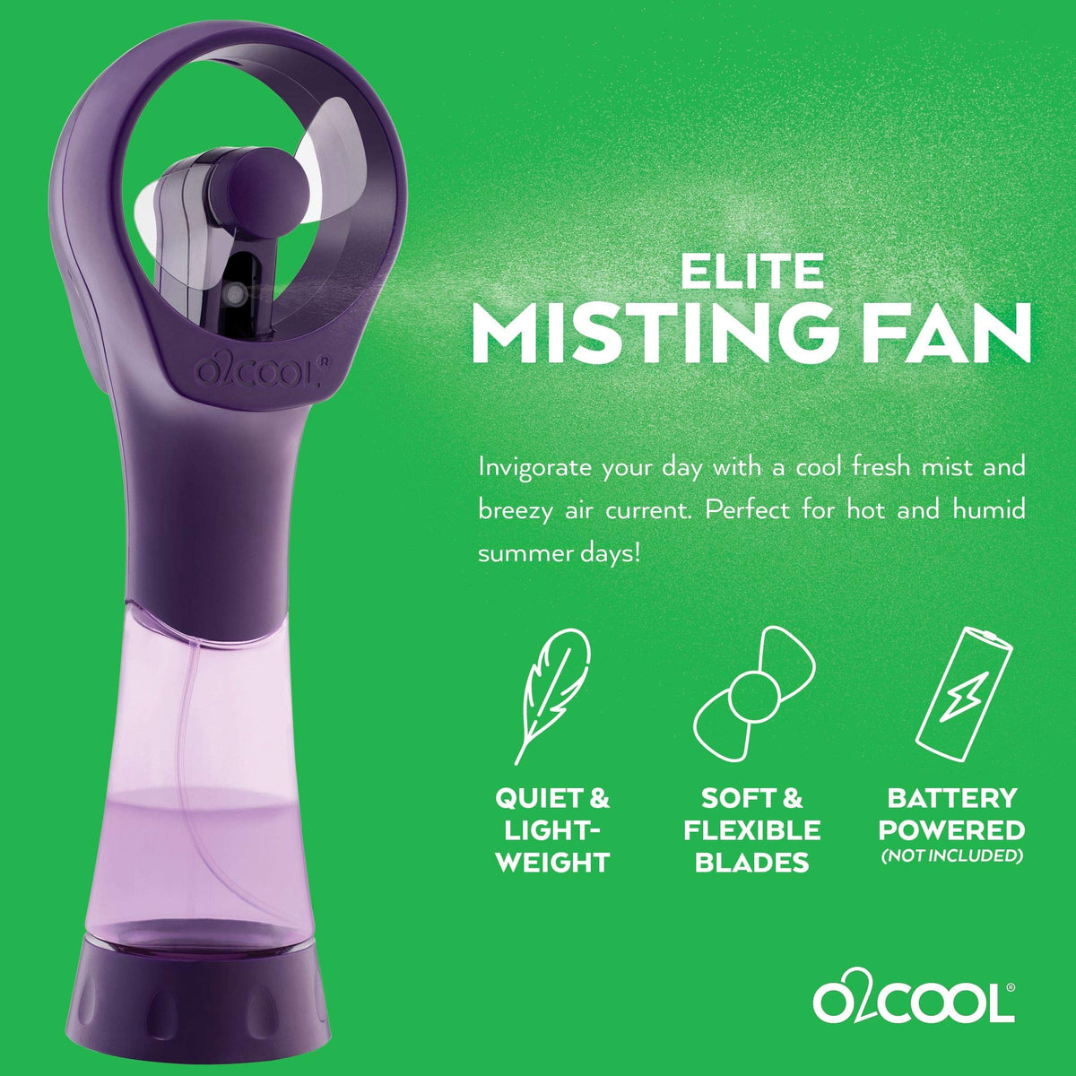 O2COOL Elite misting fan delivers fine mist for outdoor comfort.