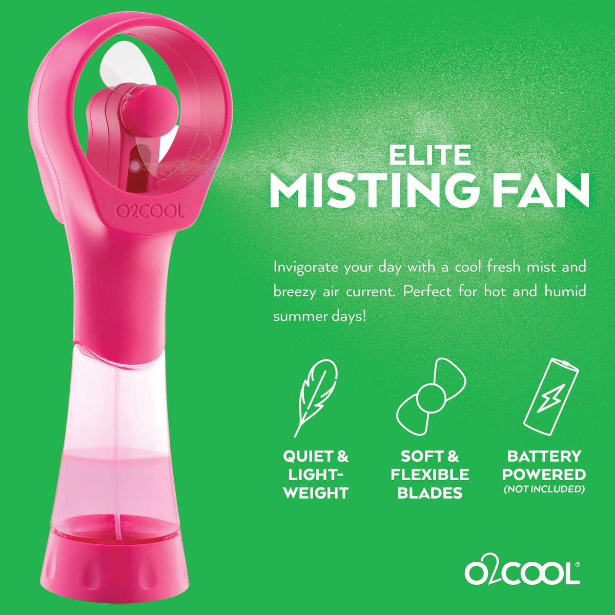 O2COOL Elite misting fan Raspberry in use for outdoor cooling