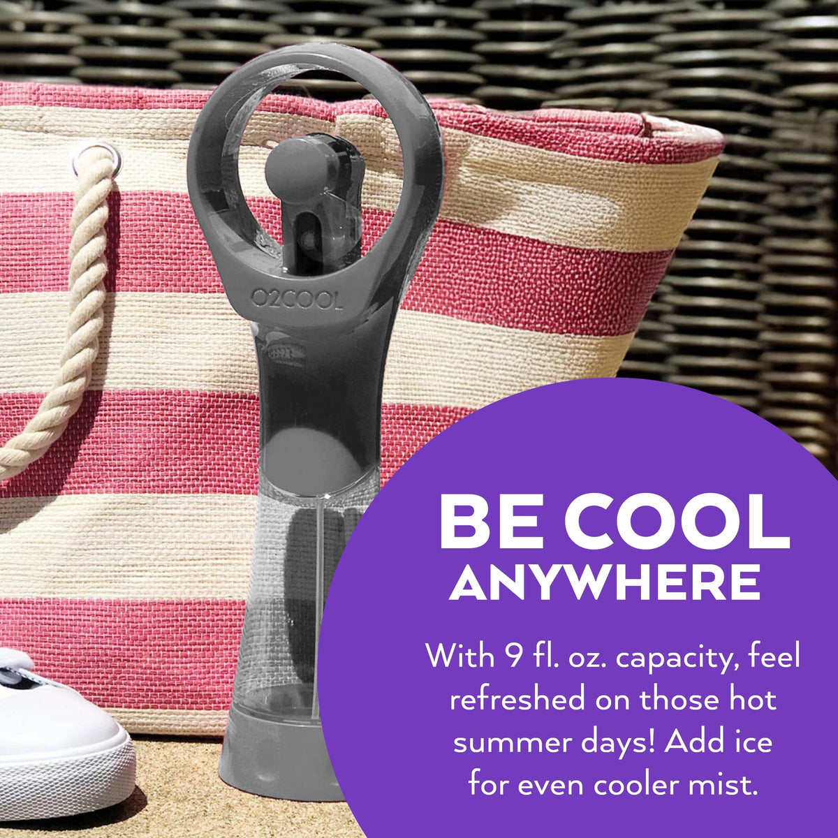O2COOL Elite Water Misting Fan grey design blends with gear