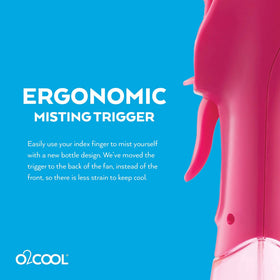 O2COOL portable misting fan water spray visible for cooling