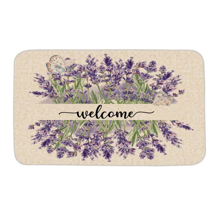 OAEND Spring Lavender Welcome Mat with floral design enhances entryway curb appeal for indoor or outdoor use.