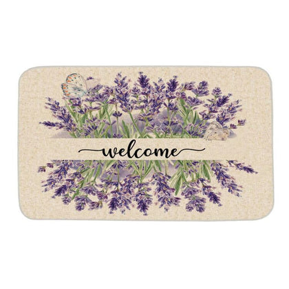 OAEND Spring Lavender Welcome Mat with floral design enhances entryway curb appeal for indoor or outdoor use.