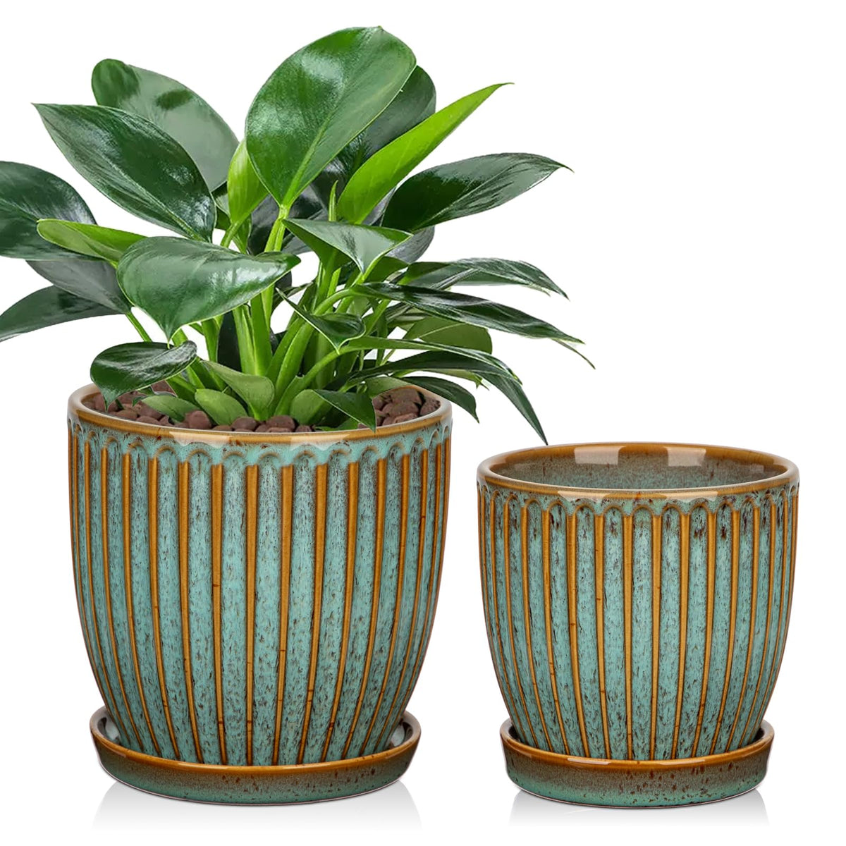 Oairse ceramic pot with line stripes in bluish-grey glaze, ideal for small plants.