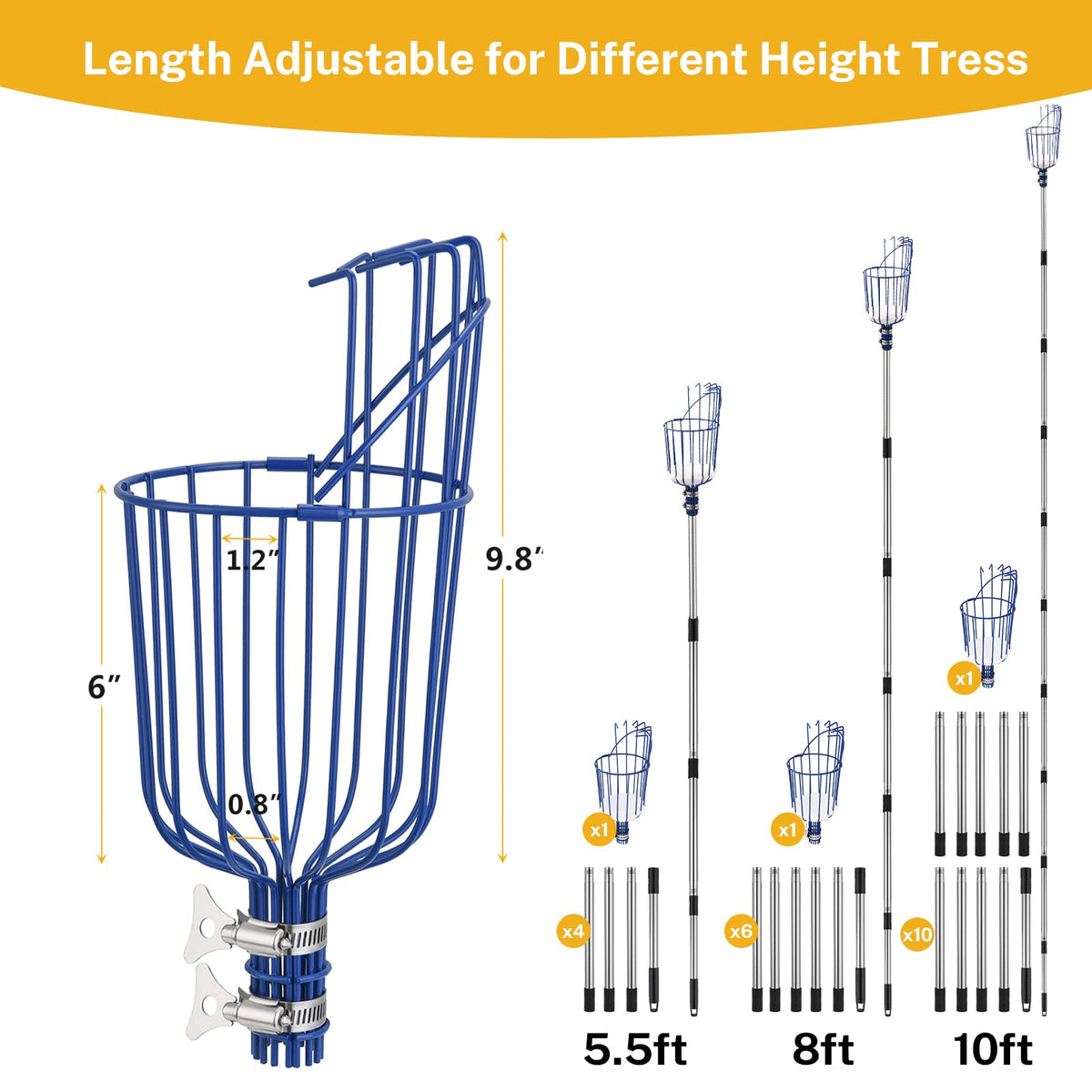 Oak Leaf Fruit Picker upgraded clamps ensure quick hand-tightening.