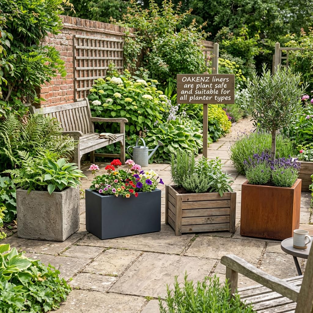 OAKENZ square planter liner maintains soil moisture for healthier plant growth.