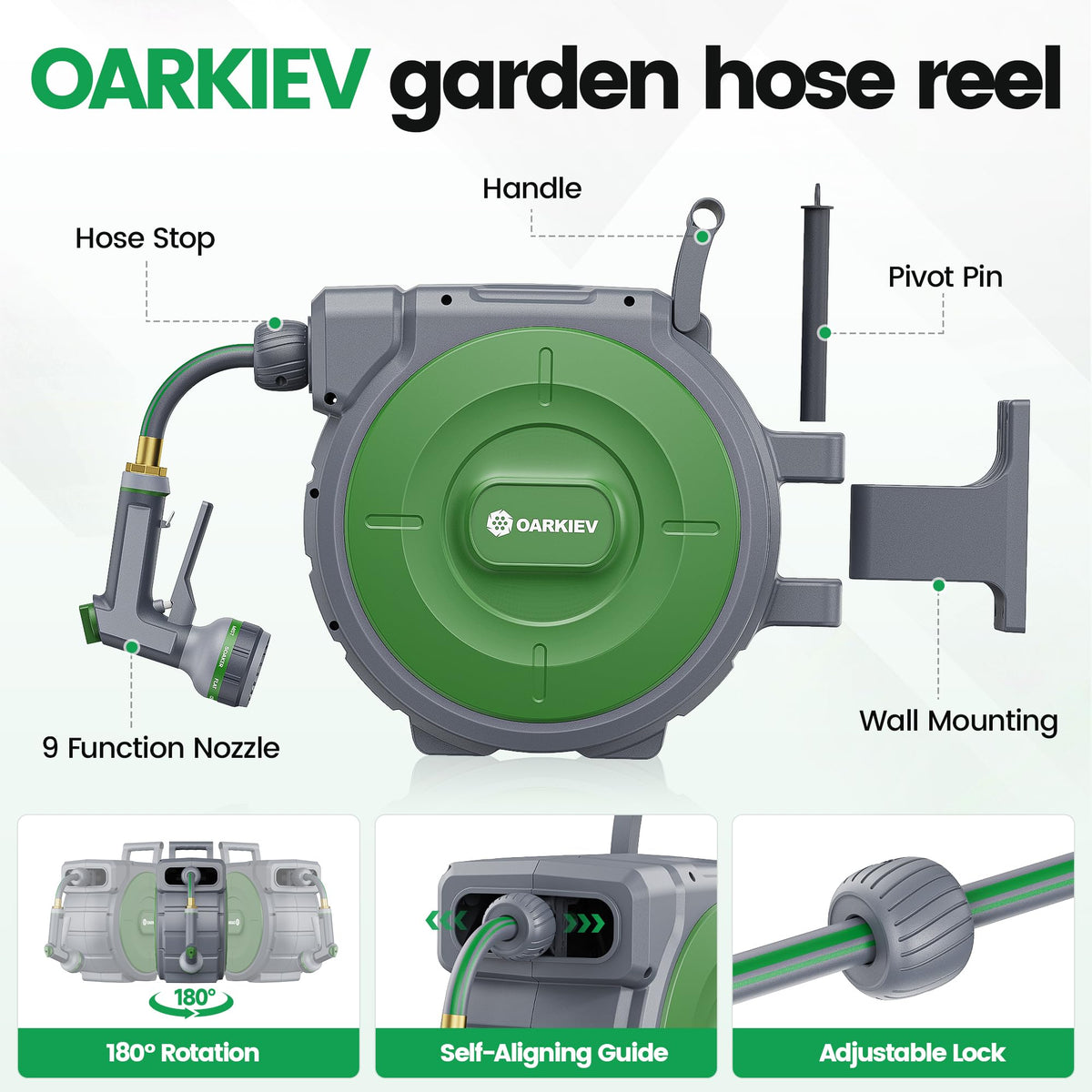 OARKIEV 180-degree swivel bracket for flexible hose access.