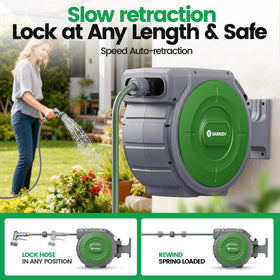 OARKIEV 85 ft hose reel with high-flow hose for faster coverage.