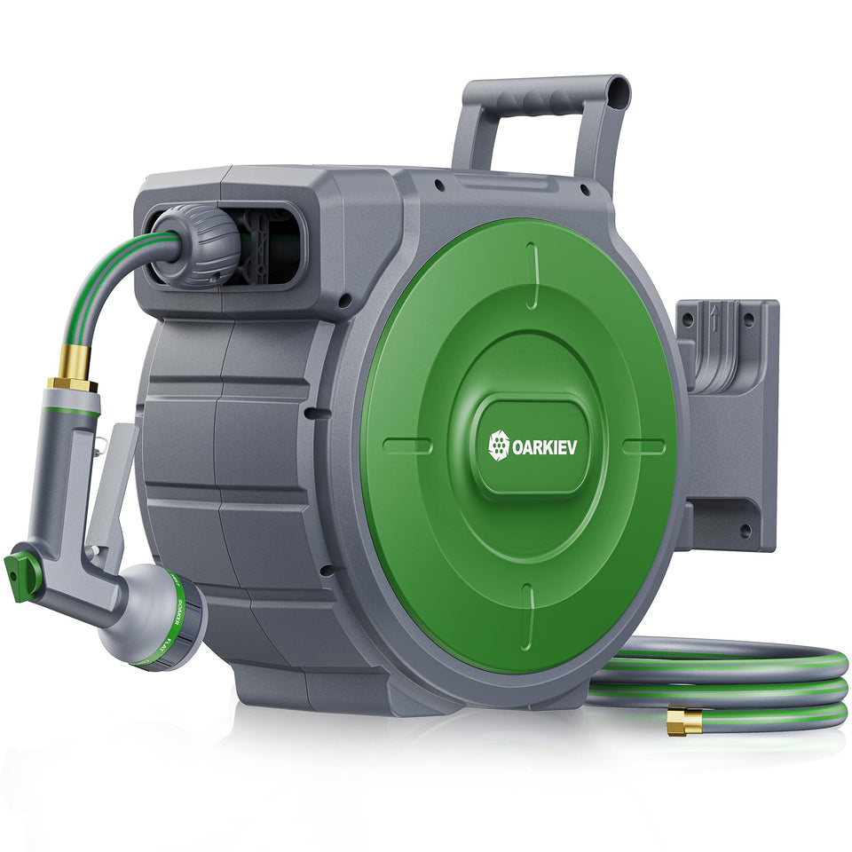 OARKIEV garden reel wall-mount for neat storage and quick watering.