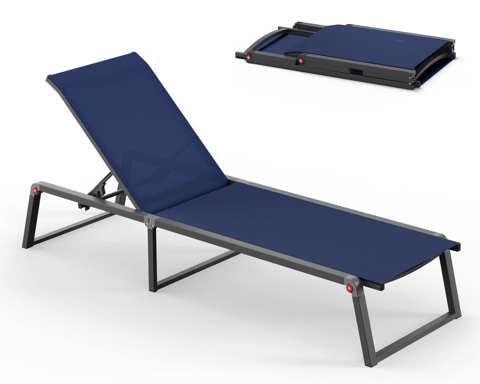 Oasbira aluminum chaise folded for compact storage and transport.