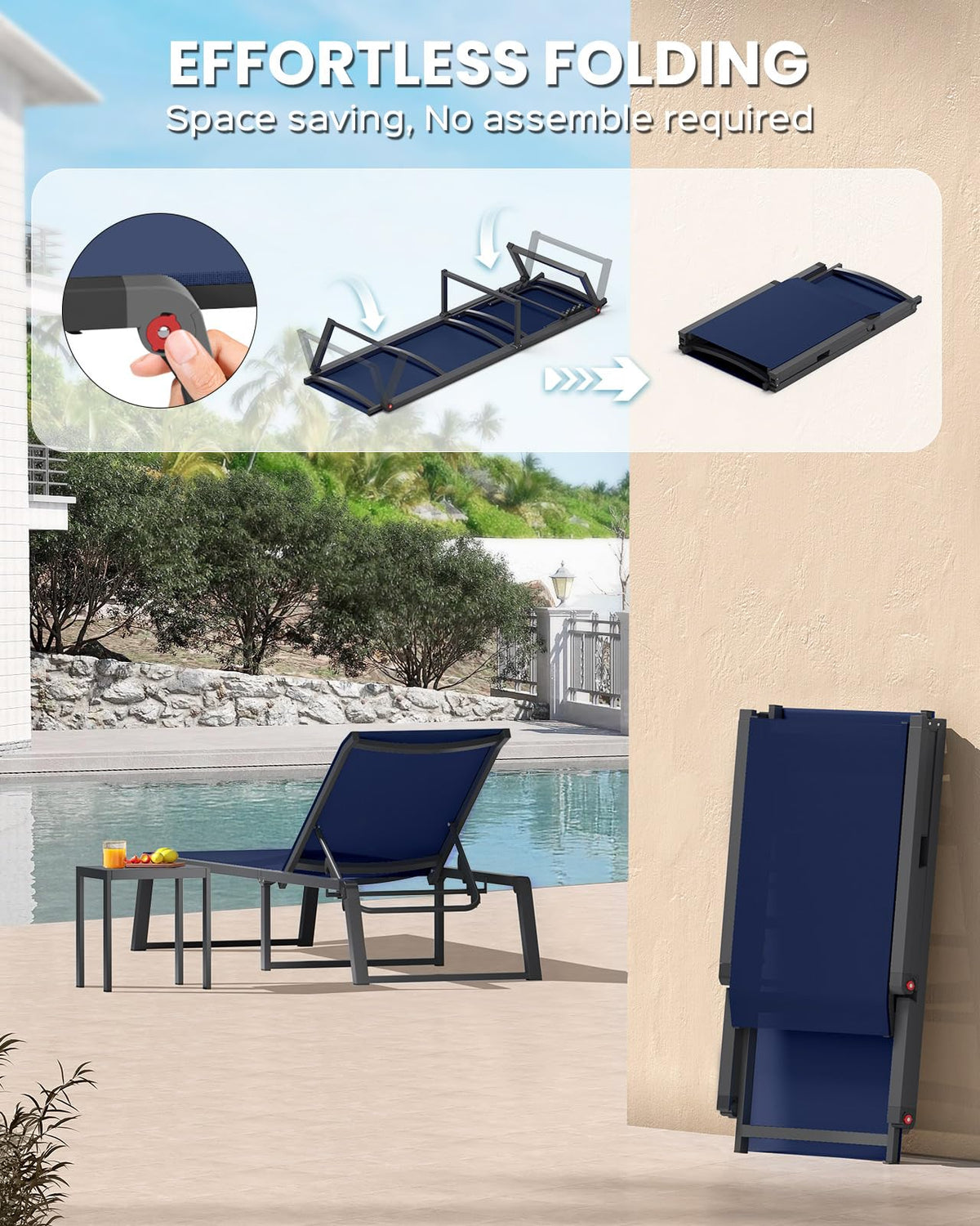 Oasbira aluminum chaise unfolded for outdoor lounging.