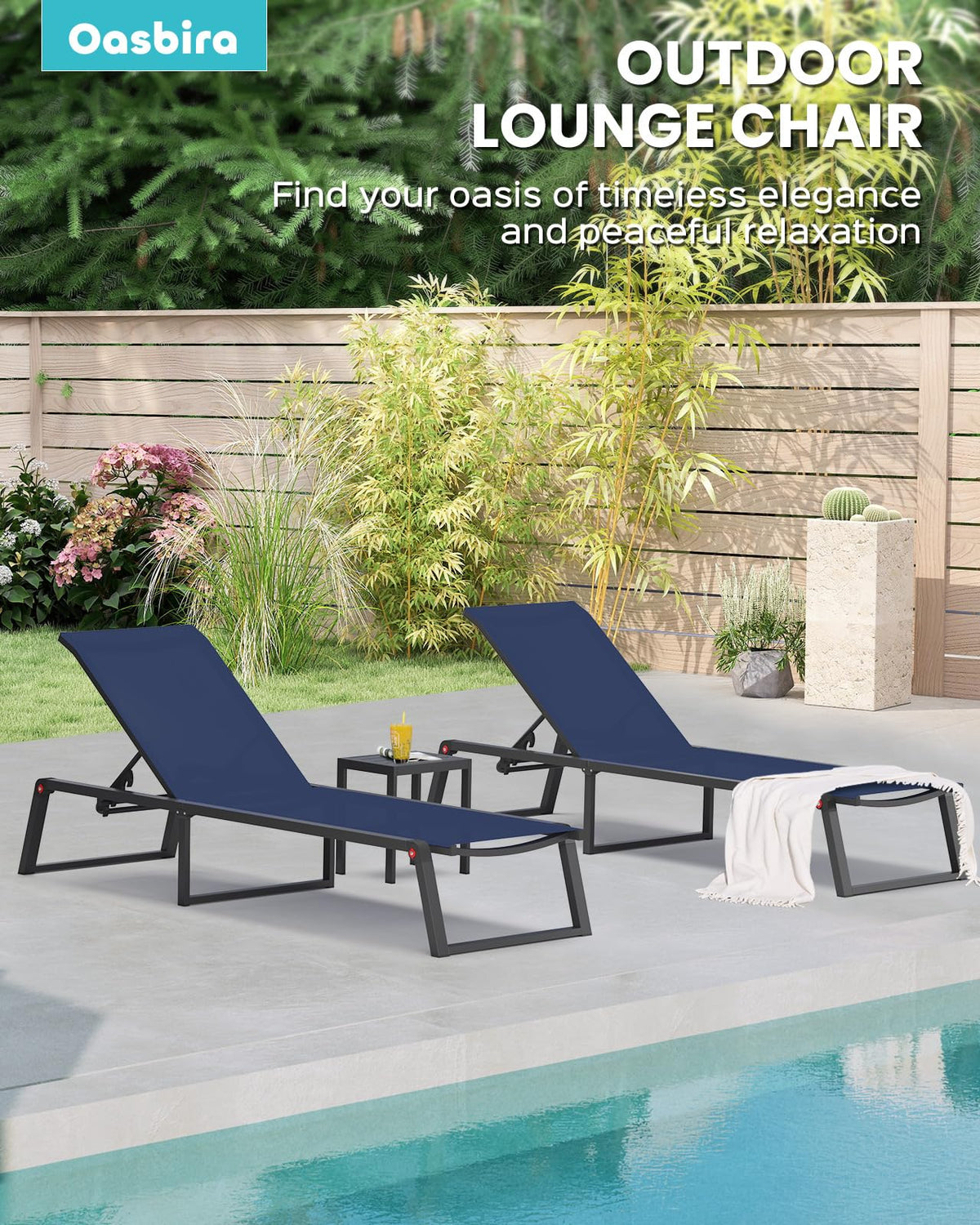 Oasbira chaise with 5-position backrest for customizable comfort.