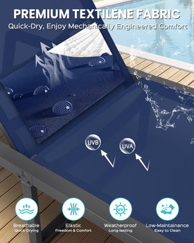 Oasbira chaise durable all-weather frame and textilene mesh.