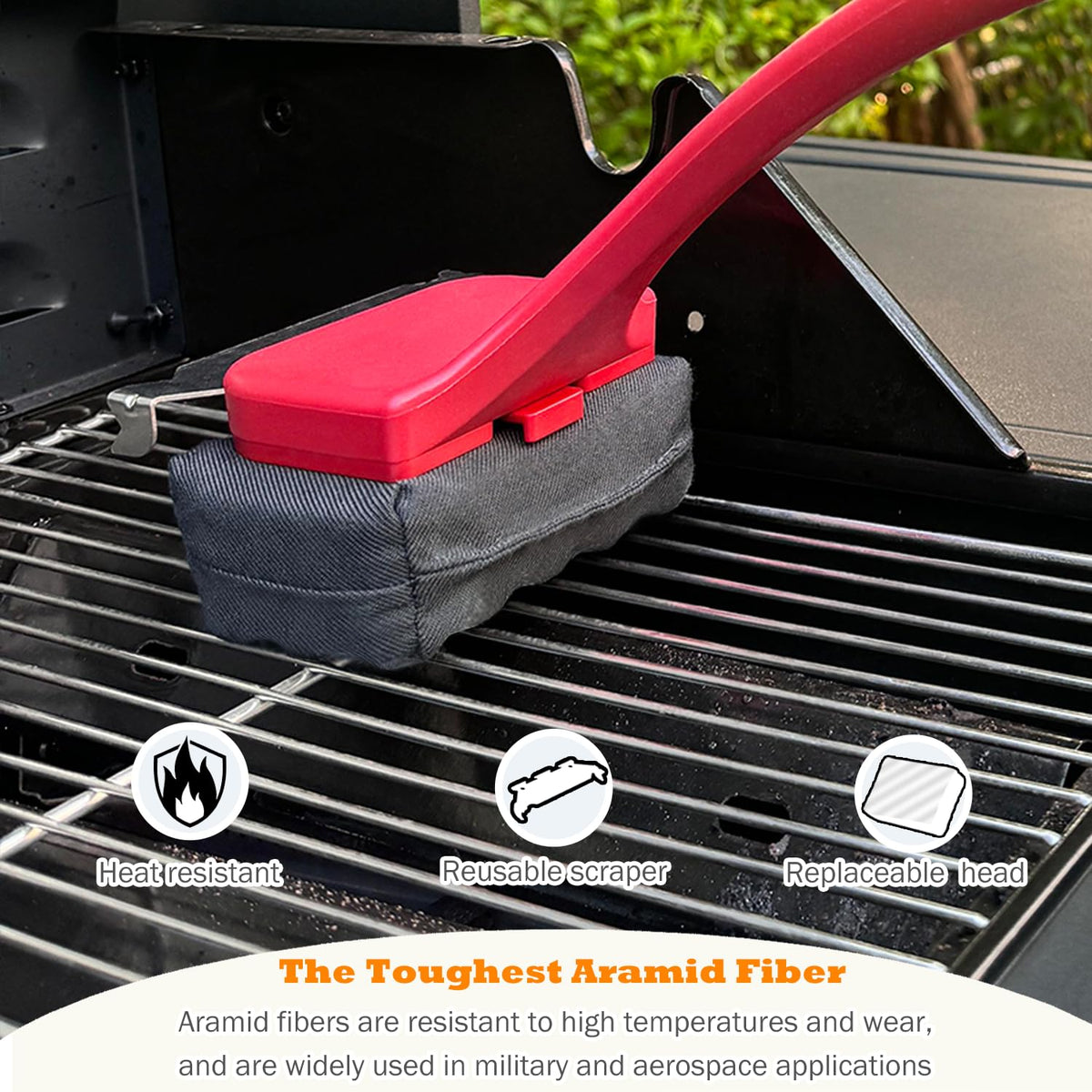 OATISLIFE heat-resistant-handle highlights safe extended reach while cleaning hot grills.