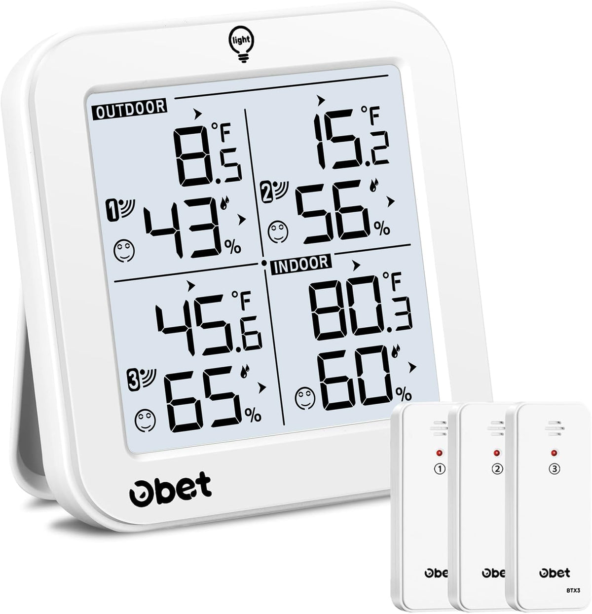 OBET indoor-outdoor thermometer with three sensors provides real-time readings for accurate monitoring.