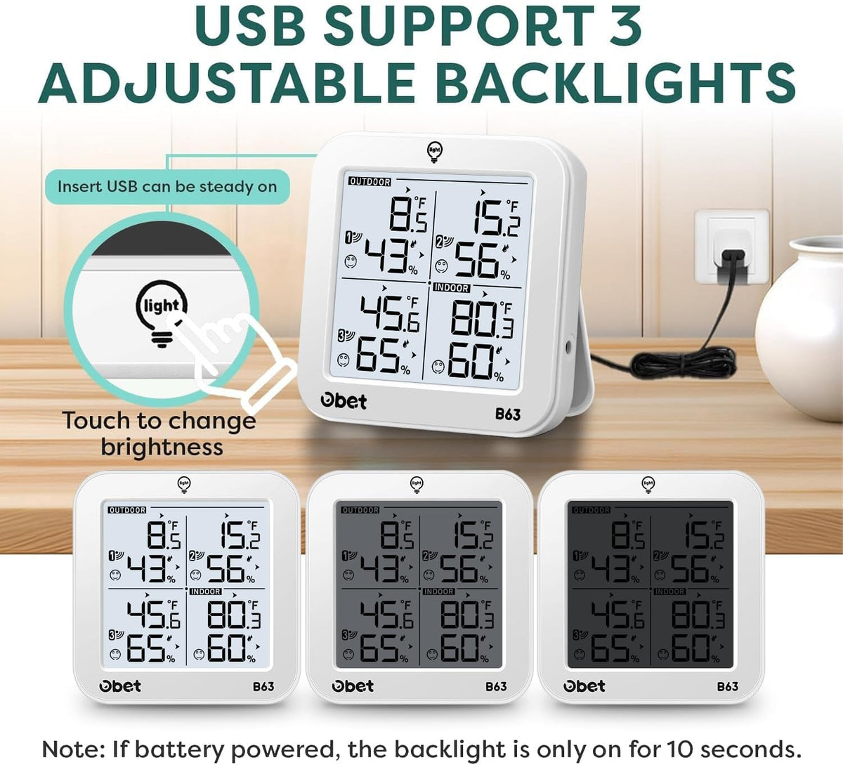 OBET wireless weather station with remote display for quick indoor and outdoor data.