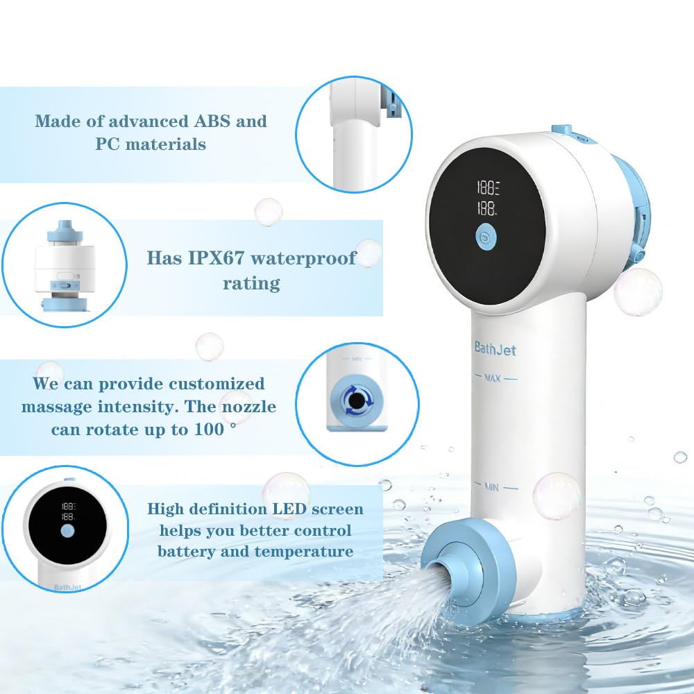 OBMAO bath jet with 100° nozzle coverage reaches shoulders and back.