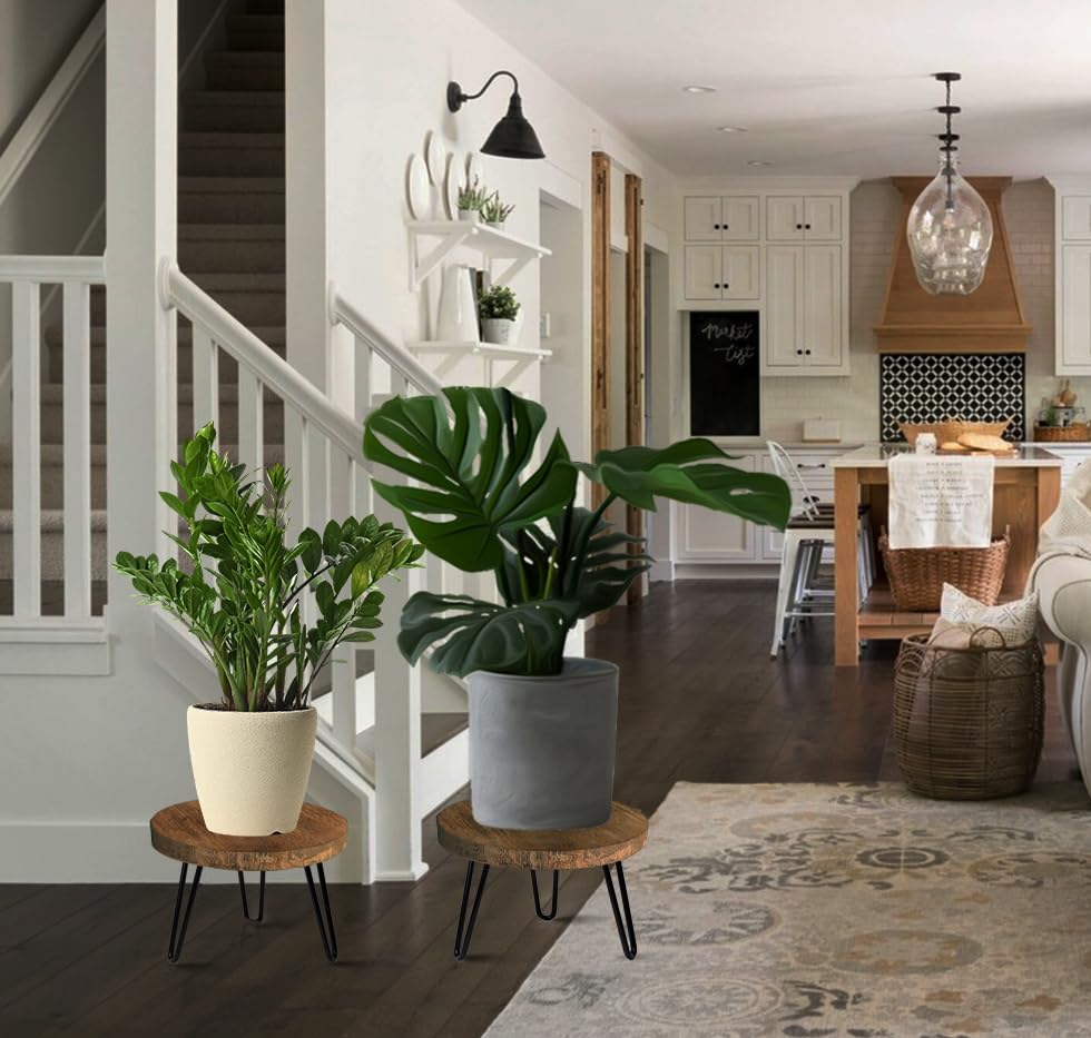 OBTAIN wooden plant holder with rattan accent, modern and lightweight.