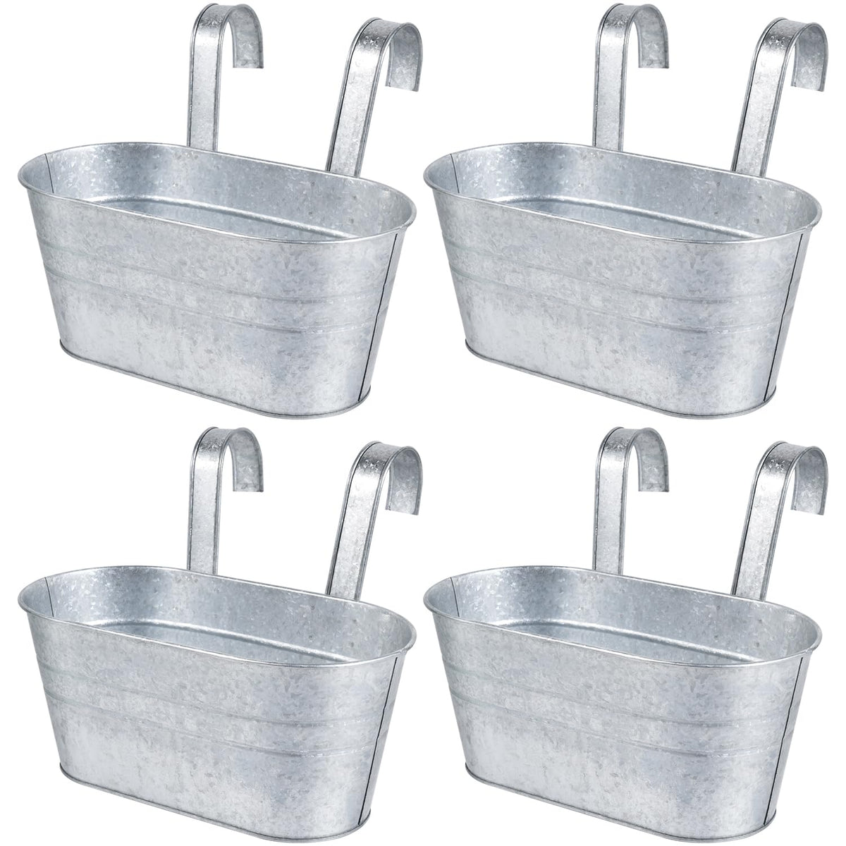 OBTANIM 4-pack metal hanging pots on railing for balcony gardening.
