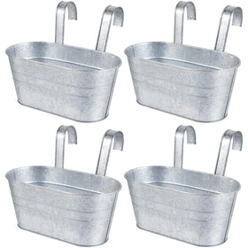 OBTANIM 4-pack metal hanging pots on railing for balcony gardening.