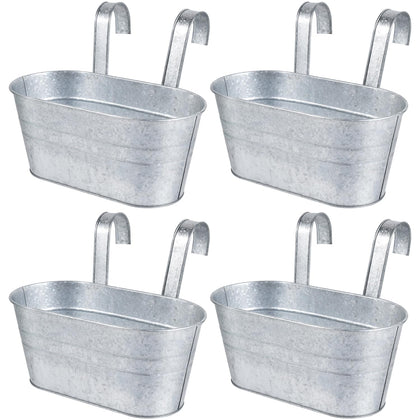 OBTANIM 4-pack metal hanging pots on railing for balcony gardening.
