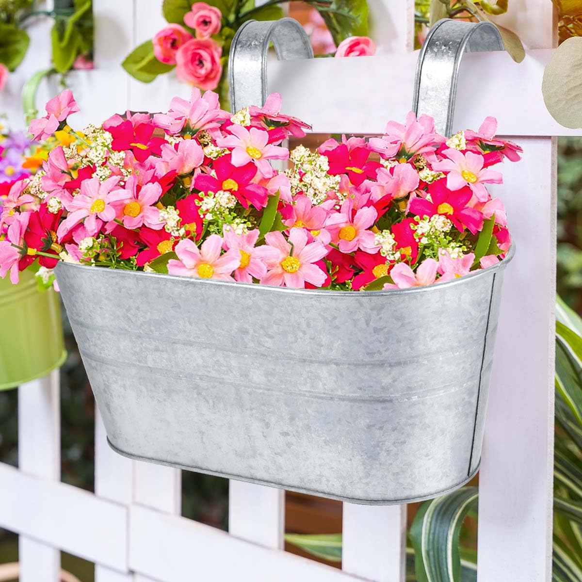 OBTANIM silvery finish balcony planter adds modern outdoor style.