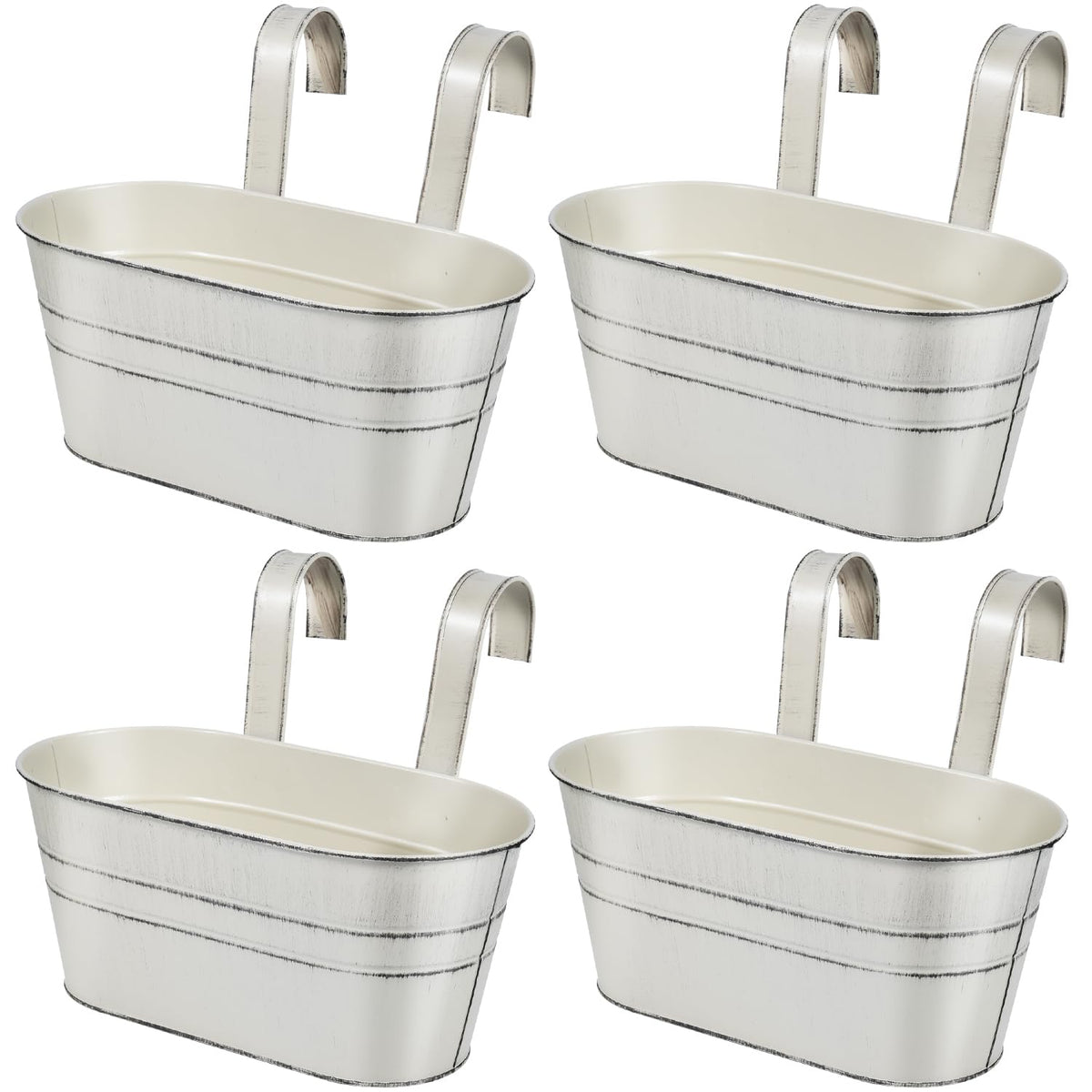 OBTANIM white metal hanging planter with four pots for balcony gardening.