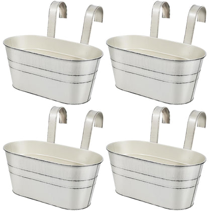OBTANIM white metal hanging planter with four pots for balcony gardening.