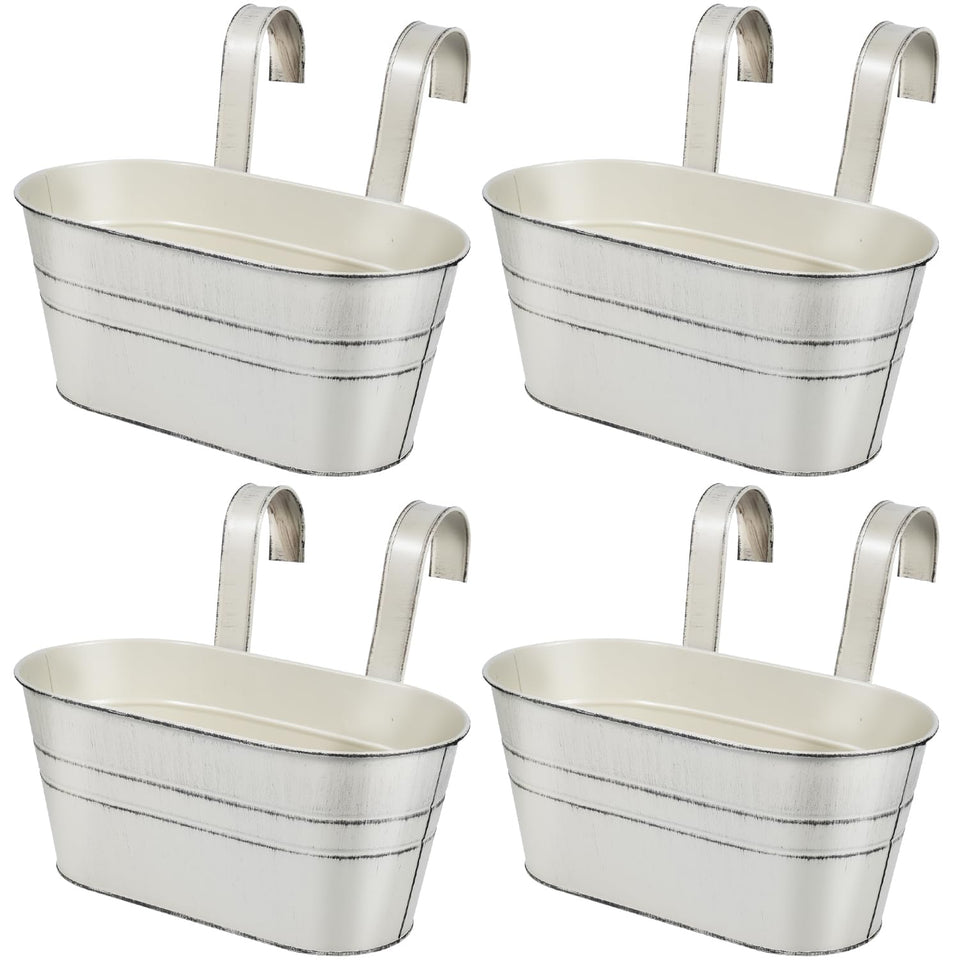 OBTANIM white metal hanging planter with four pots for balcony gardening.