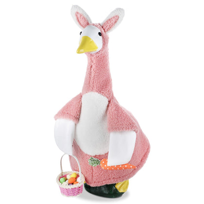 OBUSATT Easter bunny goose costume in pink dress for 23-inch geese, adds festive porch charm.