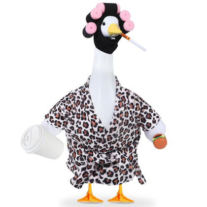 OBUSATT Lady Goose Outfit with leopard robe adds whimsy to outdoor lawn displays.