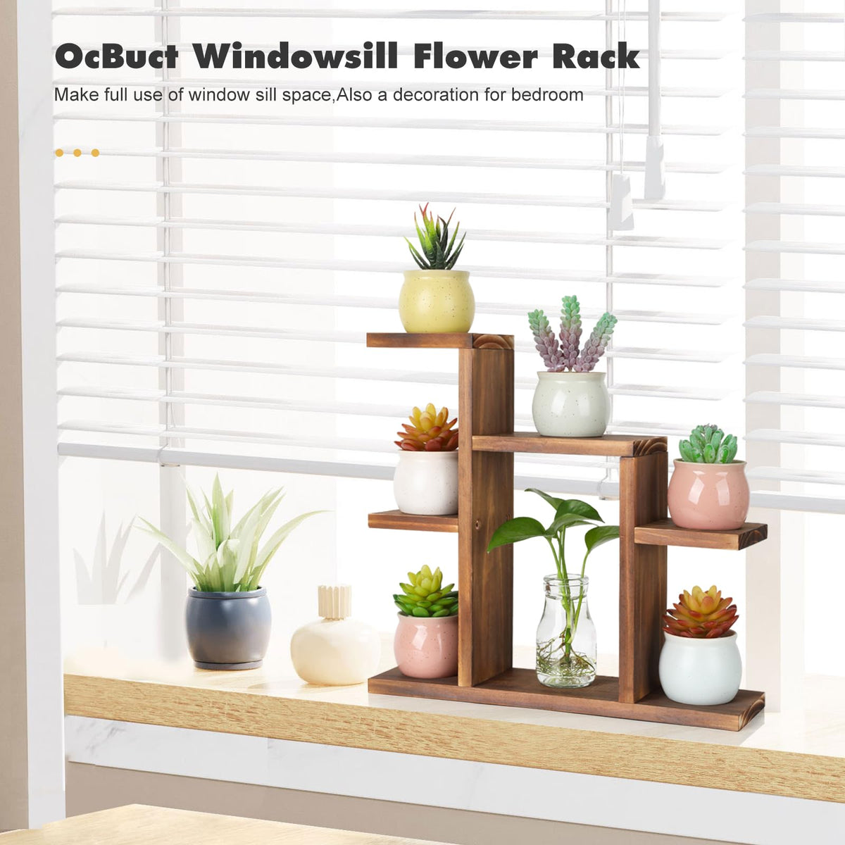 OcBuct wood desktop plant stand, close-up on wood texture and sturdy joints