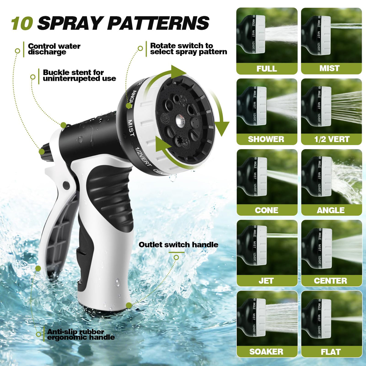 Ocean Ice 10-pattern nozzle offers versatile watering options.