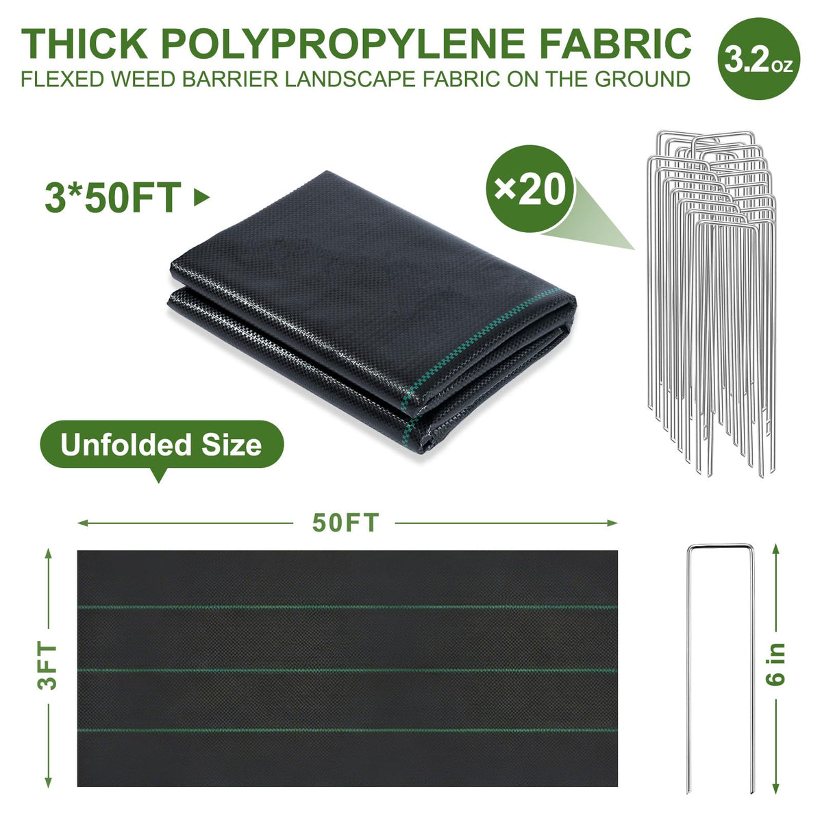 Ocean Ice heavy-duty landscape fabric with 20 U-shaped stakes for secure installation