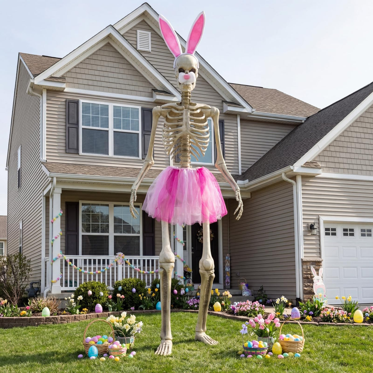 OceanCamel pink tutu on 12ft skeleton enhances yard visibility and fun.