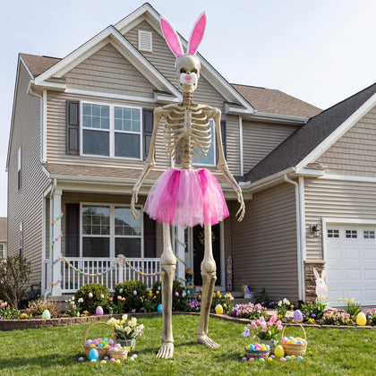 OceanCamel pink tutu on 12ft skeleton enhances yard visibility and fun.