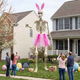 OceanCamel pink tutu on a 12ft skeleton creates a dramatic yard display.
