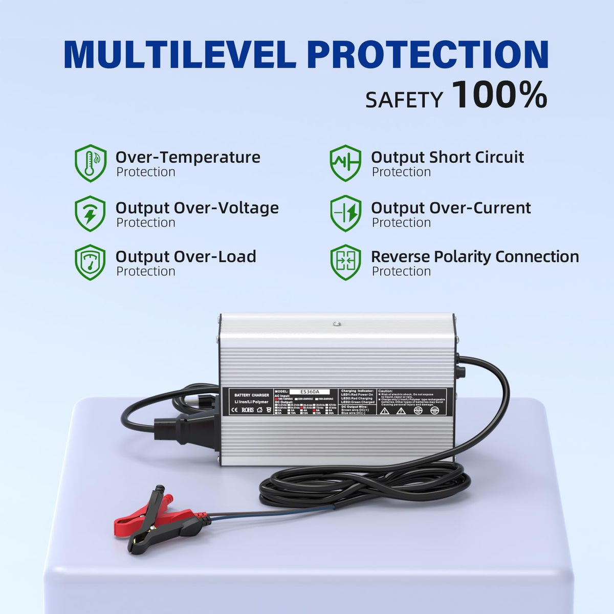 OCELL 58.4V 5A charger back view, showing input plug and safety labeling.